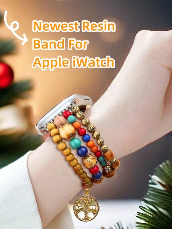 1PC Multicolor Wooden Elastic Beads Lucky Tree Apple Watch Band – Vibrant Multi-Color Options For Versatile Styling; Unique Bracelet Design With Skin-Friendly Comfort, Secure Fit & Easy Wear; Breathable, Durable & Fade-Resistant Construction; Professionally Compatible With Latest Apple Watch Ultra 2/1, SE 9/8/7/6/5/4/3/2/1 (38/40/41/42/44/45/49mm; 42/46mm For Series 10).