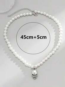1pc Porcelain White Glass Faux Pearl Beaded Vintage Metal Skull Head Necklace, Suitable For Men's Daily Wear