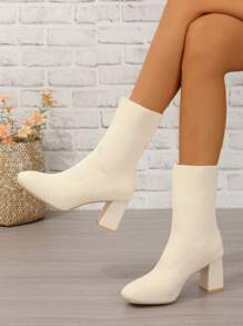 Giày bốt cao đến giữa bắp chân cho nữ Thu/Đông 2025, Giày bốt cao bồi miền Tây đan màu be, Giày bốt cao gót thời trang màu trắng, Giày bốt tất thun đan, Giày bốt cao bồi màu trắng, Giày bốt cao gót màu trắng - Màu be - Xem 5