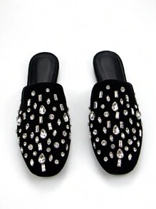Fall/Winter Women's Fashion Rhinestone Decor Black Velvet Material Stylish Comfortable Square Toe Slip-On Flat Mules, Suitable For Daily And Party Wear
