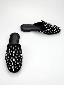 Fall/Winter Women's Fashion Rhinestone Decor Black Velvet Material Stylish Comfortable Square Toe Slip-On Flat Mules, Suitable For Daily And Party Wear