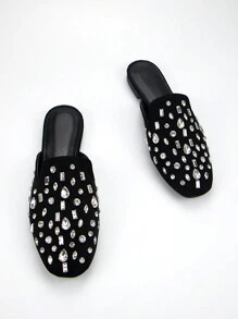 Fall/Winter Women's Fashion Rhinestone Decor Black Velvet Material Stylish Comfortable Square Toe Slip-On Flat Mules, Suitable For Daily And Party Wear