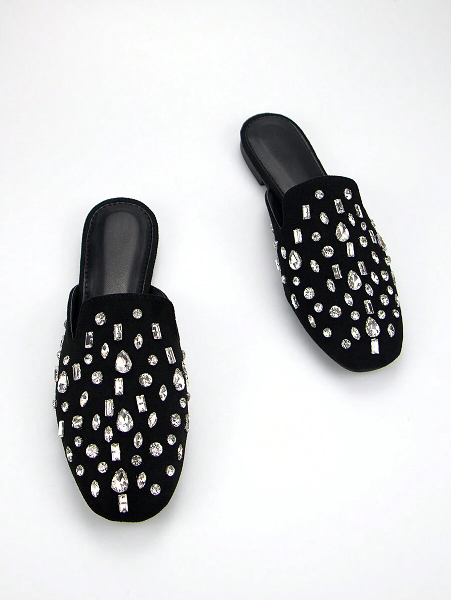 Fall/Winter Women's Fashion Rhinestone Decor Black Velvet Material Stylish Comfortable Square Toe Slip-On Flat Mules, Suitable For Daily And Party Wear