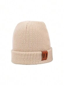 3 件装婴儿男孩针织帽带皮革标签，冬季可爱温暖针织无檐小便帽，男婴帽子套装 - 3 pcs - 查看 5