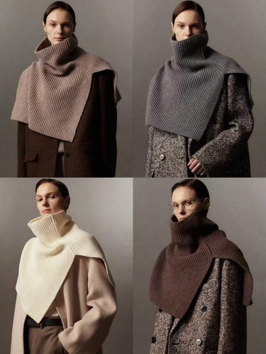 1pcs新款韩国精美设计高领套头围巾男女秋冬季针织毛线开叉披肩纯色时尚简约华丽保暖防风防寒脖羊毛针织披肩围巾外贸时尚围巾