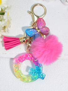 1 pièce Porte-clés en résine à lettres bicolores, pendentif de sac mode avec pompon à gland papillon, cadeau pour amis et école