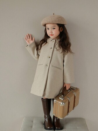Young Girl' Winter Stand Collar Long Coat, Simple Fashion All-Match Children Outerwear