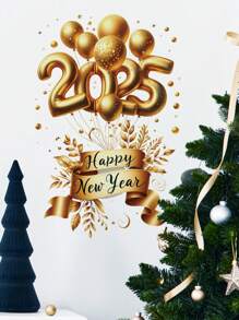 1 件金色新年“新年快乐”装饰玻璃贴纸，适用于浴室、窗户、客厅、家居装饰、贴纸、墙贴花、乙烯基贴花，用于家居装饰、春季装饰品让您的家焕然一新、Rama 装饰贴纸 - 彩色 - 查看 5