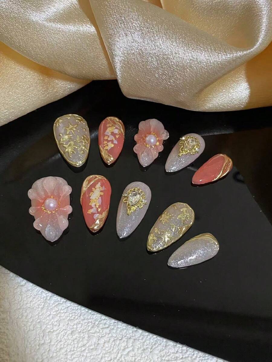 纯手工10片装戴钉杏仁钉式太阳镜粉色造型胶小花配毛衣秋冬可送给朋友闺蜜生日节日礼物 - 彩色 - 查看 1