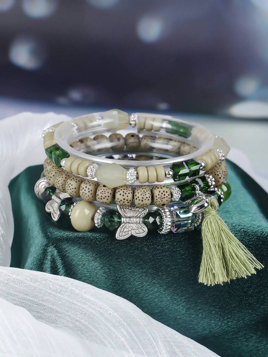 Bộ 3 chiếc/bộ vòng tay hạt charm hình trái tim, tua rua, bướm phong cách Boho, thích hợp làm quà tặng, trang phục hàng ngày, tiệc tùng, ngày lễ - Cà phê - Xem 1