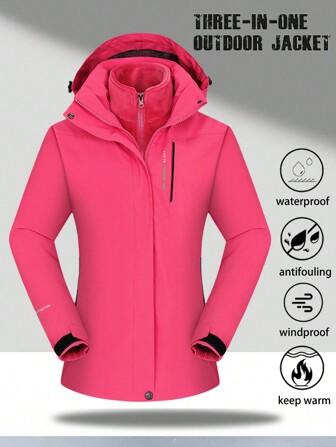 1 set Dam Utomhussporter Bergsklättring Skidåkning Vandring Camping Vindtät Vattentät Termofodrad 3-i-1 Svart Softshelljacka Och Fleece Topp, Vinter, Skidåkning