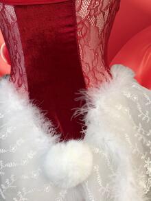 Conjunto de 4 piezas de lencería sexy de conejita para Navidad: body, sudadera, diadema de conejita, bufanda de encaje, uniforme de terciopelo con plumas halter, lencería desmontable con bola de pelo (talla única) - Ver 4