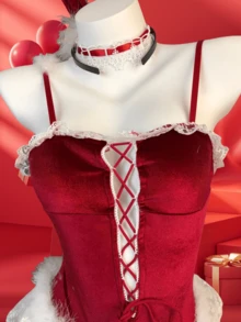Conjunto de 4 piezas de lencería sexy de conejita para Navidad: body, sudadera, diadema de conejita, bufanda de encaje, uniforme de terciopelo con plumas halter, lencería desmontable con bola de pelo (talla única) - Ver 3