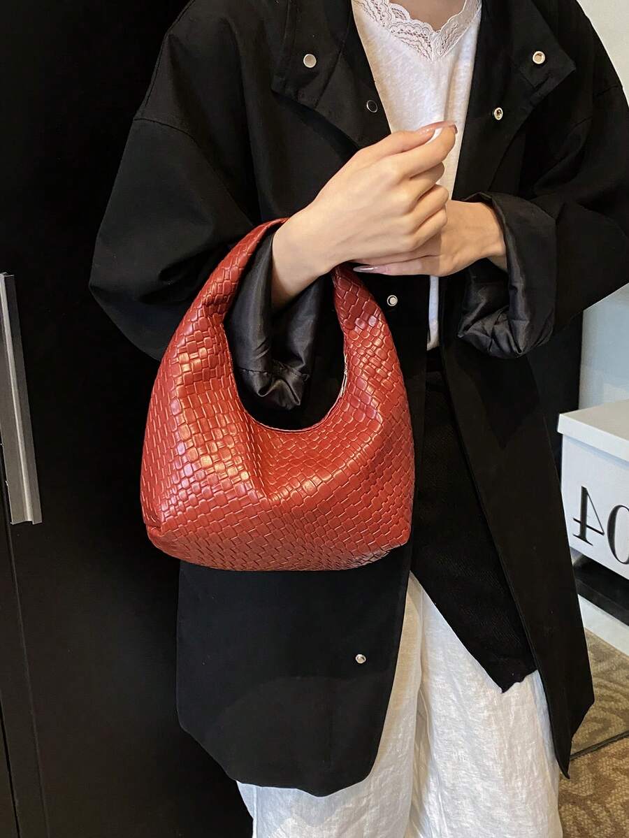 1 chiếc túi xách nữ màu đỏ rượu vang, túi tote hình lưỡi liềm bằng da PU họa tiết dệt cổ điển, hàng mới về mùa thu/đông - Màu Đỏ Sâu - Xem 1