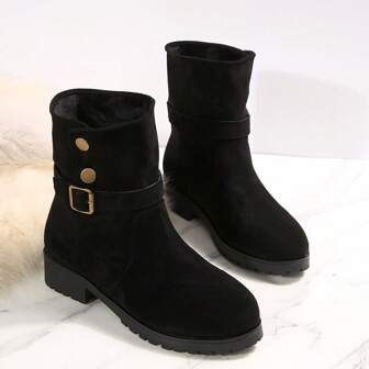 2024 Autumn/Winter New Korean Version Retro Western Short Boots, Faux Suede, Buckle Strap, Fashion Casual Versatile, Plush Lined, Warm, Plus Size Snow Boots