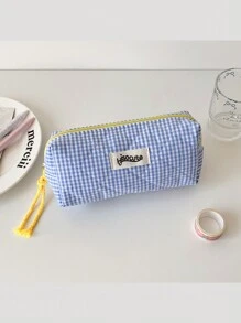 1 pieza Estuche de lápices de tela a cuadros de color contrastante, de alta capacidad, para estudiantes que vuelven a la escuela, útiles escolares, bolsa escolar