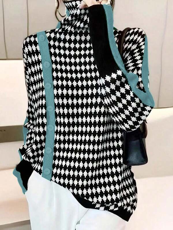 [Custom Made] Geometric Pattern Color-Block High Neck Pullover Casual Long Sleeve Loose Women Sweater