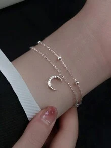 1 pieza Pulsera de mujer de plata de ley 925 de doble capa con diseño de estrella y luna, decorada con cuentas brillantes, regalo elegante y versátil