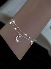 1 pieza Pulsera de mujer de plata de ley 925 de doble capa con diseño de estrella y luna, decorada con cuentas brillantes, regalo elegante y versátil