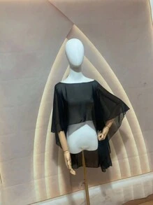 1 件短款新娘雪纺披肩，女士斗篷，可搭配连衣裙，女士耸肩秋季服装 - 黑色 - 查看 2