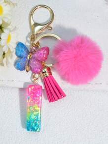 1 pièce Porte-clés en résine à lettres bicolores, pendentif de sac mode avec pompon à gland papillon, cadeau pour amis et école