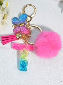 1 pièce Porte-clés en résine à lettres bicolores, pendentif de sac mode avec pompon à gland papillon, cadeau pour amis et école