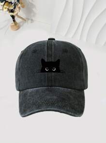 1pc Black Cat Print Washed Baseball Cap, Unisex Outdoor Casual Sun Visor Hat