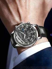 1 件装 男士 PU 皮革表带 复古时尚商务休闲字母刻度圆形表盘石英手表 - 均碼 - 查看 5