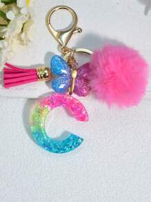 1 pièce Porte-clés en résine à lettres bicolores, pendentif de sac mode avec pompon à gland papillon, cadeau pour amis et école