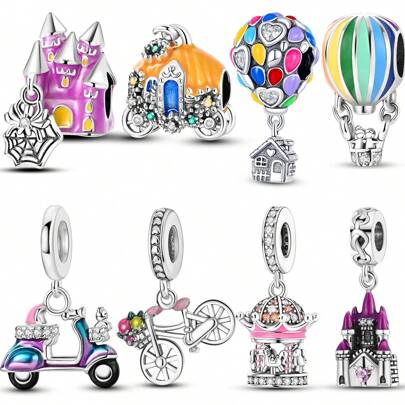 1 件银色奇妙节日游乐园彩色珐琅旋转木马南瓜马车自行车蜘蛛鬼屋热气球吊饰适合手链项链珠子 DIY 珠宝制作礼物送给女孩