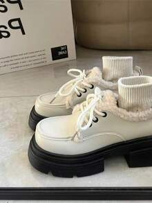 LangMoon 超细纤维皮革 9CM 坡跟高跟鞋厚底保暖毛绒系带高跟品牌时尚冬季踝靴女式黑色乐福鞋 - 米色 - 查看 3