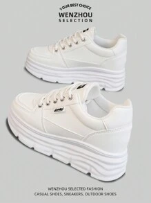 全新女式休闲户外运动鞋，时尚百搭厚底厚底透气轻便舒适白色鞋子 - 白色 - 查看 2