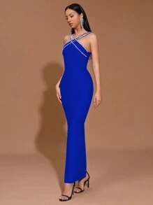 New Heavy Chain Crystal Diamond Bandage Bodycon Maxi Dress, Sexy Party Gown - Royal Blue - View 3