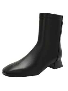 Damskie modne buty z ozdobnymi przeszyciami, niski gruby obcas, kwadratowy nosek, zamek błyskawiczny z boku, jednolity kolor, uniwersalne, codzienne, jesień/zima, czarne, morelowe i cieliste, krótkie buty