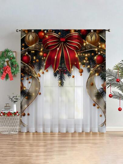 1pc Christmas Ball & Element Pattern Premium Decorative Curtain Rod Pocket Sheer Curtain, All Season Use, Suitable For Outdoor, Gazebo, Bedroom, Kitchen, Office, Study, Living Room - Semi-Sheer