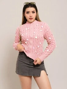 Sueter abierto de moda tejido de punto con lentejuelas  sencillo y casual - Rosa - Ver 2