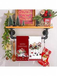 6 条圣诞手巾，带有圣诞快乐、圣诞老人、雪人和红色卡车图案，适合圣诞节厨房和浴室装饰