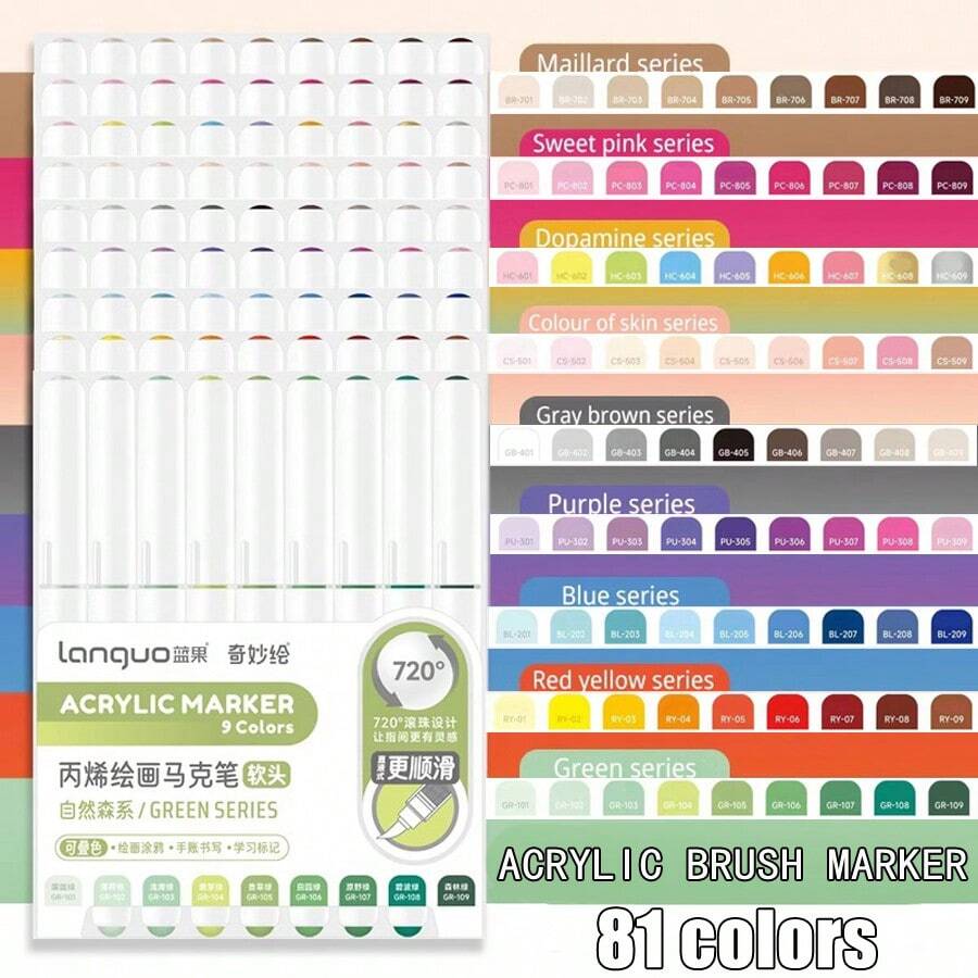 Bút dạ Acrylic lông mềm dạng lỏng 81 màu, Bút vẽ màu chuyên nghiệp cho học sinh, Bút vẽ Graffiti tự làm, Giấy chống thấm nước, Bút dạ màu có thể xếp chồng, Bút tô màu - 81 màu - Xem 1