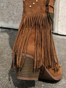 Women's Fashion Fringe Decor Rivet Platform Slip-On Boots, Versatile, Solid Color - Brown - View 7