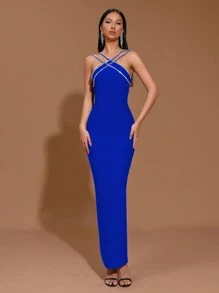 New Heavy Chain Crystal Diamond Bandage Bodycon Maxi Dress, Sexy Party Gown - Royal Blue - View 2