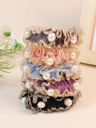 5pcs Women Multi-Colored Faux Pearl Hair Ties, Fashionable And Versatile Elastic Hair Ties For Daily Use Ponytail Holders Hair Elastics Hair Rubber Bands Scrunchies Hair Rope, Hair Bobbles Hair Accessories