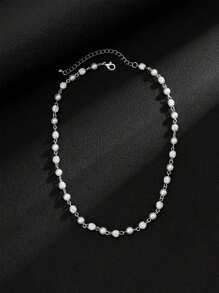 1pc Fashion Punk Style Simple Waterdrop Crystal & Faux Pearl Men Necklace, Daily Wear, Gift For Friends/Holidays - Christmas, New Year, Valentine's Day - White - View 4