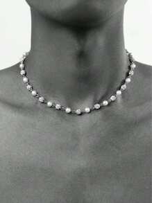 1pc Fashion Punk Style Simple Waterdrop Crystal & Faux Pearl Men Necklace, Daily Wear, Gift For Friends/Holidays - Christmas, New Year, Valentine's Day - White - View 2