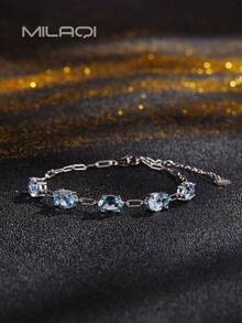 1 件 S925 纯银天然宝石手链 - 紫水晶或黄玉，18K 镀金，时尚优雅女士日常/节日礼物 - 淺藍色 - 查看 6