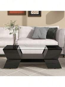 6Mm Glass-Top Coffee Table,Modernist 2-Tier Center Table For Living Room, With Open Shelves And Cabinets,With Ample Storage SpaceGeometric Style,Good Waterproof Performance,Black.,Victory Store