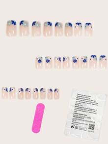 24 móng tay giả kiểu Pháp thanh lịch họa tiết hoa xanh và trắng, lớp phủ bóng, thời trang và đa năng dành cho cả nam và nữ, bao gồm sơn gel và giũa móng, sơn gel ngẫu nhiên được gửi - Xanh và trắng - Xem 2