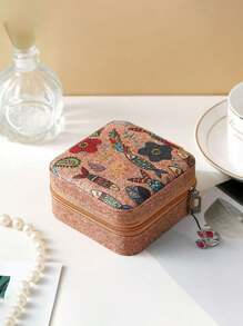 1pc Mini Retro Jewelry Box Earrings, Rings, Necklaces, Travel Storage Box, Jewelry Earrings, Elegant Style Printed Jewelry Box, Multi Functional Jewelry Storage Box, Zipper Convenient Jewelry Bag, Exquisite Cosmetics And Lipstick Storage Bag, Mother's Day Gift, Girls' Gift, Handbag Storage, New Cork Pattern Multi Compartment Large Capacity Jewelry Box, Luxury PU Leather Jewelry Box, Mini Flip Storage Women's Jewelry Gift, Mother's Storage Box