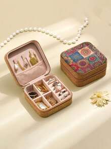 1pc Mini Retro Jewelry Box Earrings, Rings, Necklaces, Travel Storage Box, Jewelry Earrings, Elegant Style Printed Jewelry Box, Multi Functional Jewelry Storage Box, Zipper Convenient Jewelry Bag, Exquisite Cosmetics And Lipstick Storage Bag, Mother's Day Gift, Girls' Gift, Handbag Storage, New Cork Pattern Multi Compartment Large Capacity Jewelry Box, Luxury PU Leather Jewelry Box, Mini Flip Storage Women's Jewelry Gift, Mother's Storage Box