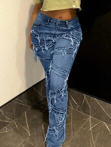 Y2K 90s Street Slant Pocket High Stretchy Distressed Raw Frayed Unique Tassel Design Patchwork Hip Hop Jeans