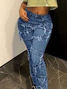 Y2K 90s Street Slant Pocket High Stretchy Distressed Raw Frayed Unique Tassel Design Patchwork Hip Hop Jeans